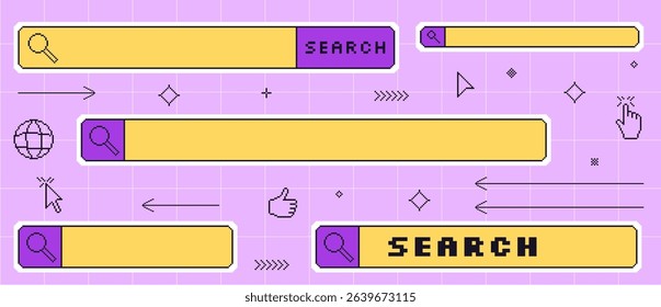 Search bar pixel art set. 8bit web browser sticker elements collection. Retro y2k internet engine shapes. Click cursor, hands buttons and windows. Vector illustration isolated.