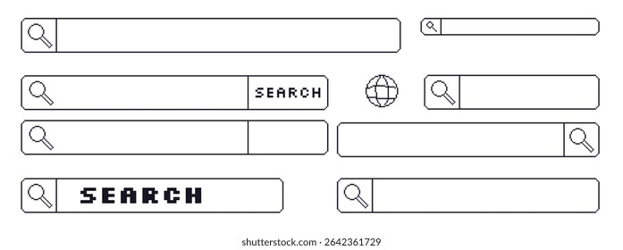 Search bar pixel art set. 8bit web browser stroke elements collection. Retro internet shapes. Click cursor, hands and buttons and windows. Vector illustration isolated on white background.