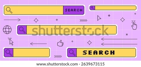 Search bar pixel art set. 8bit web browser sticker elements collection. Retro y2k internet engine shapes. Click cursor, hands buttons and windows. Vector illustration isolated.