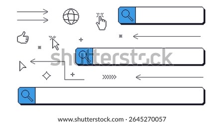 Search bar pixel art set. 8bit web browser elements collection. Retro internet find shapes. Click cursor, hands, buttons and windows design. Vector illustration isolated on white background.