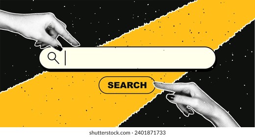 Search bar in retro collage style. Hand with halftone effect. Vector retro modern illustration with dots in pop art style.