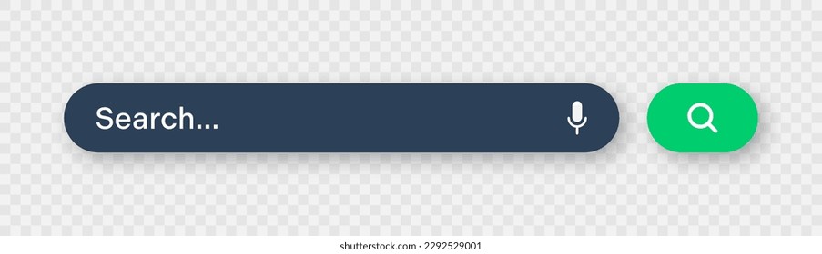Search bar with round corners. Internet browser engine with search box, address bar and text field. UI design, website interface element with web icons and push button. Dark mode. Vector illustration