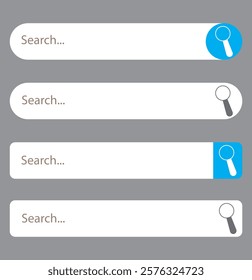 Search bar with round corners. Internet browser engine with search box, address bar and text field. UI design, website interface element with web icons and push button. Vector illustration.