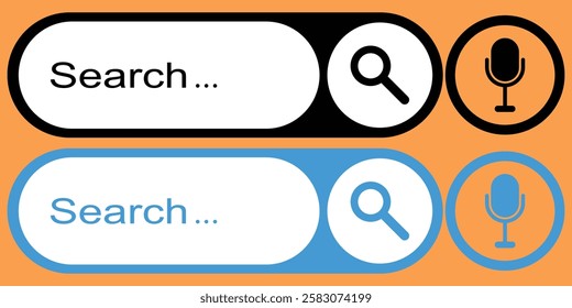 Search bar with round corners. Internet browser engine with search box and text field. UI design, website interface element with web icons and push button. Internet browser search bar frame. EPS 10