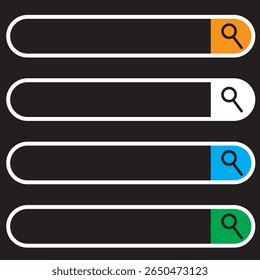 Recherche avec coins arrondis. Moteur de navigateur Internet avec zone de recherche, barre d'adresse et champ de texte. Conception de l'interface utilisateur, élément d'interface de site web avec des icônes Web et bouton push. Illustration vectorielle