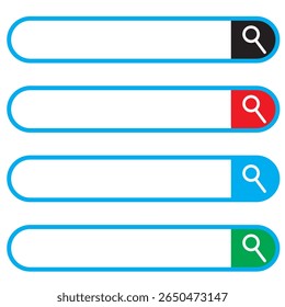 Recherche avec coins arrondis. Moteur de navigateur Internet avec zone de recherche, barre d'adresse et champ de texte. Conception de l'interface utilisateur, élément d'interface de site web avec des icônes Web et bouton push. Illustration vectorielle