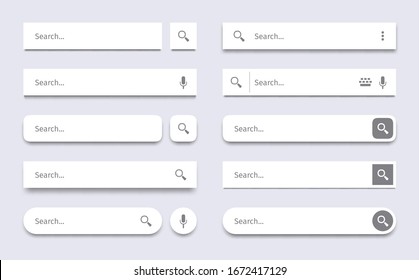 Search bar. Searching panel, website ui bars with shadows and quick search boxes template vector set. Search bar for web site interface, button panel illustration