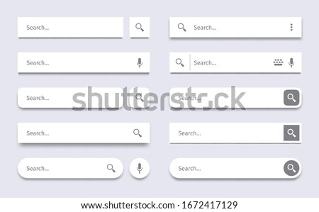 Search bar. Searching panel, website ui bars with shadows and quick search boxes template vector set. Search bar for web site interface, button panel illustration