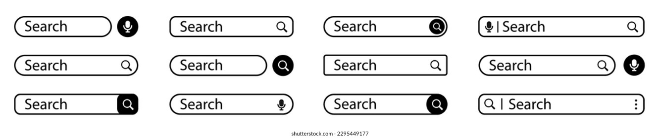 Search bar set. Search bar, search boxes. Web UI elements for browsers with text field and search button.