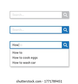 Search Bar Set. UI Vector Elements With Pop Up List Of Search Results. 