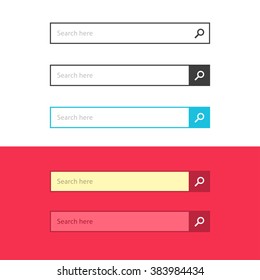 Search bar set vector interface elements with search button, search box modern simple design isolated on white and red background