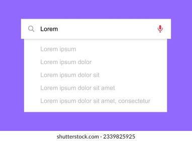 Search bar with suggestions and pop up list search results. Search form template for websites and ui interface. Search address and navigation bar icon. Vector illustration.