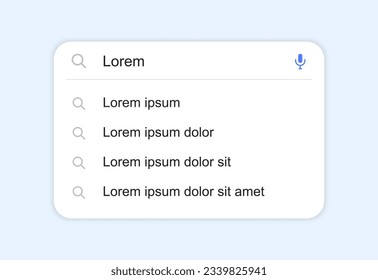 Search bar with suggestions and pop up list search results. Search form template for websites and ui interface. Search address and navigation bar icon. Vector illustration.