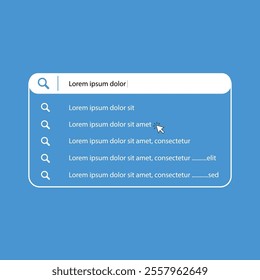 Search bar with suggestions and pop up list search results. Search form template for websites and ui interface. Search address and navigation bar icon.