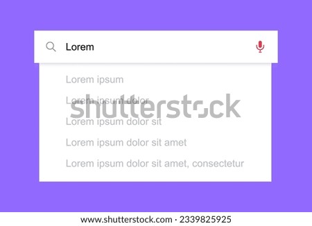 Search bar with suggestions and pop up list search results. Search form template for websites and ui interface. Search address and navigation bar icon. Vector illustration.