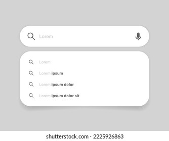 Search Bar with suggestions for UI UX design and web site. Search Address and navigation bar icon. Collection of search form templates for websites. Search engine web browser window template.