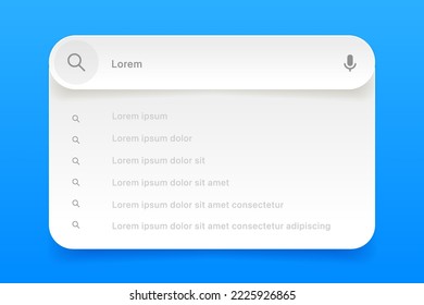 Search Bar with suggestions for UI UX design and web site. Search Address and navigation bar icon. Collection of search form templates for websites. Search engine web browser window template.