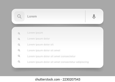 Search Bar with suggestions for UI UX design and web site. Search Address and navigation bar icon. Collection of search form templates for websites. Search engine web browser window template.