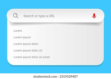 Search Bar with suggestions for UI UX design and web site. Search Address and navigation bar icon. Collection of search form templates for websites. Search engine web browser window template.