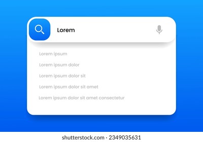 Search Bar with suggestions for UI UX design and web site. Search Address and navigation bar icon. Collection of search form templates for websites. Search engine web browser window template.