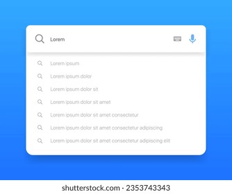 Search Bar with suggestions for UI UX design and web site. Search Address and navigation bar icon. Collection of search form templates for websites. Search engine web browser window template.