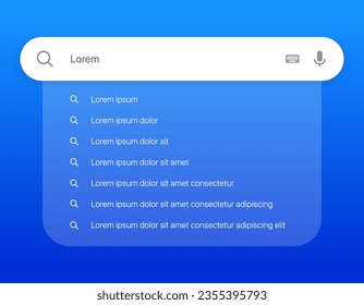 Search Bar with suggestions for UI UX design and web site. Search Address and navigation bar icon. Collection of search form templates for websites. Search engine web browser window template.