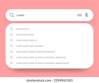 Search Bar with suggestions for UI UX design and web site. Search Address and navigation bar icon. Collection of search form templates for websites. Search engine web browser window template.