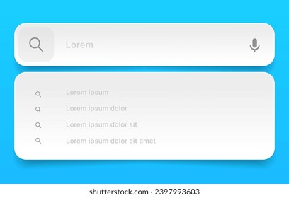 Search Bar with suggestions for UI UX design and web site. Search Address and navigation bar icon. Collection of search form templates for websites. Search engine web browser window template.
