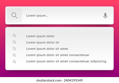 Search Bar with suggestions for UI UX design and web site. Search Address and navigation bar icon. Collection of search form templates for websites. Search engine web browser window template.