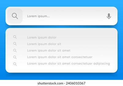 Search Bar with suggestions for UI UX design and web site. Search Address and navigation bar icon. Collection of search form templates for websites. Search engine web browser window template.