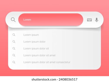 Suchleiste mit Vorschlägen für UI UX Design und Website. Das Symbol "Adresse und Navigationsleiste"durchsuchen. Sammlung von Suchformularvorlagen für Websites. Suchmaschine Web-Browser-Vorlage.