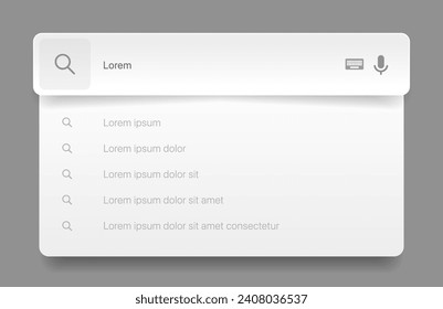 Barra de búsqueda con sugerencias para el diseño de UI UX y sitio web. Dirección de búsqueda e icono de la barra de navegación. Colección de plantillas de formulario de búsqueda para sitios web. Plantilla de ventana del navegador web del motor de búsqueda.