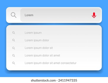 Search Bar with suggestions for UI UX design and web site. Search Address and navigation bar icon. Collection of search form templates for websites. Search engine web browser window template.