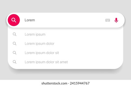 Suchleiste mit Vorschlägen für UI UX Design und Website. Das Symbol "Adresse und Navigationsleiste"durchsuchen. Sammlung von Suchformularvorlagen für Websites. Suchmaschine Web-Browser-Vorlage.