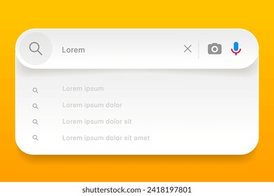 Barra de búsqueda con sugerencias para el diseño de UI UX y sitio web. Dirección de búsqueda e icono de la barra de navegación. Colección de plantillas de formulario de búsqueda para sitios web. Plantilla de ventana del navegador web del motor de búsqueda.