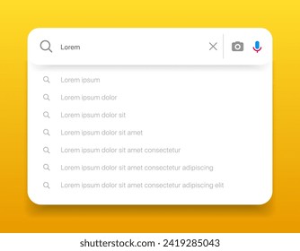 Search Bar with suggestions for UI UX design and web site. Search Address and navigation bar icon. Collection of search form templates for websites. Search engine web browser window template.