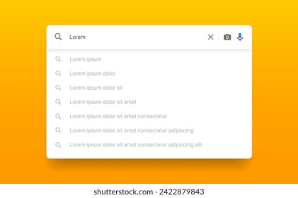 Search Bar with suggestions for UI UX design and web site. Search Address and navigation bar icon. Collection of search form templates for websites. Search engine web browser window template.