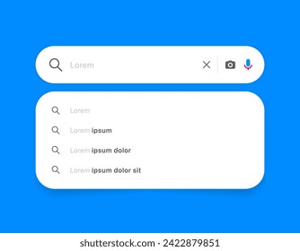 Search Bar with suggestions for UI UX design and web site. Search Address and navigation bar icon. Collection of search form templates for websites. Search engine web browser window template.