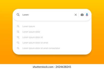 Search Bar with suggestions for UI UX design and web site. Search Address and navigation bar icon. Collection of search form templates for websites. Search engine web browser window template.