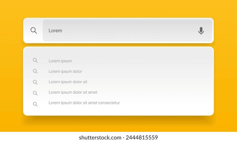 Search Bar with suggestions for UI UX design and web site. Search Address and navigation bar icon. Collection of search form templates for websites. Search engine web browser window template.