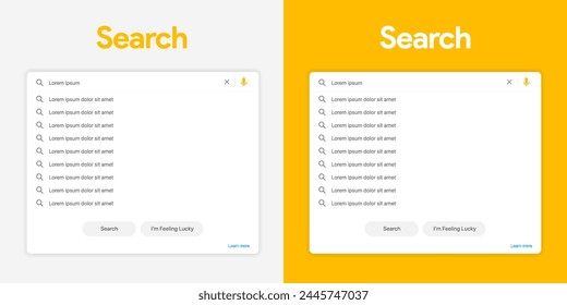 Search Bar with suggestions for UI UX design and web site. Search Address and navigation bar icon. Collection of search form templates for websites. Search engine web browser window template.