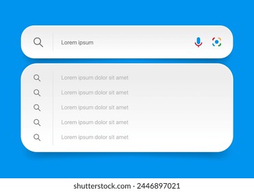 Suchen Bar mit Vorschlägen für UI UX Design und Website. Suchen Adresse und Navigationsleistensymbol. Kollektion der Vorlagen des Suchformulars für Websites. Suchen Engine Web Browser Window-Vorlage.