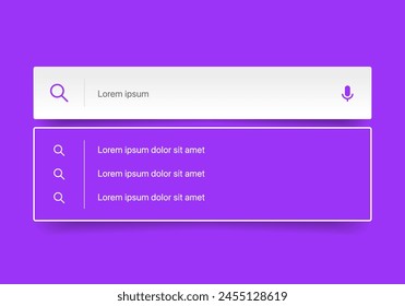 Search Bar with suggestions for UI UX design and web site. Search Address and navigation bar icon. Collection of search form templates for websites. Search engine web browser window template.