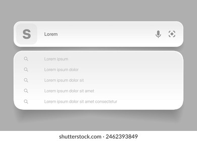 Barre de Recherches avec suggestions pour la conception et le site web de l'interface utilisateur UX. icône Recherche  Adresse et barre de navigation. Collection des templates de formulaire de recherche pour les sites web. template de la fenêtre du web du moteur de Recherche.