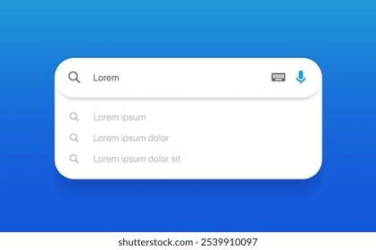 Search Bar with suggestions for UI UX design and web site. Search Address and navigation bar icon. Collection of search form templates for websites. Search engine web browser window template.