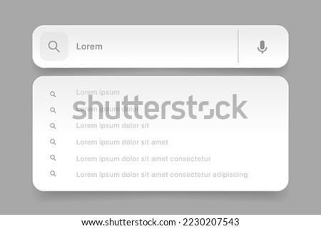 Search Bar with suggestions for UI UX design and web site. Search Address and navigation bar icon. Collection of search form templates for websites. Search engine web browser window template.