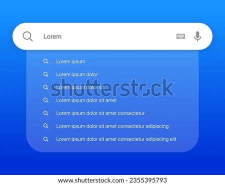 Search Bar with suggestions for UI UX design and web site. Search Address and navigation bar icon. Collection of search form templates for websites. Search engine web browser window template.