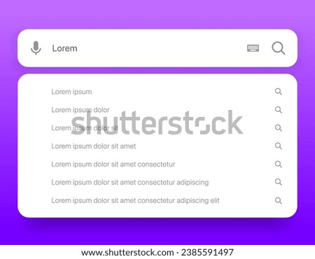Search Bar with suggestions for UI UX design and web site. Search Address and navigation bar icon. Collection of search form templates for websites. Search engine web browser window template.
