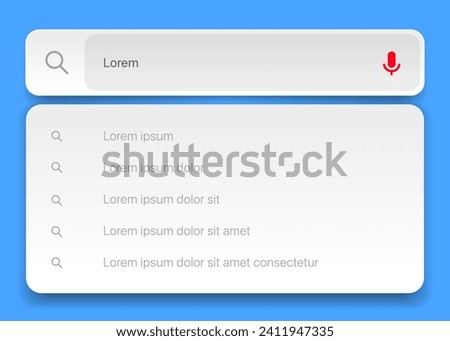 Search Bar with suggestions for UI UX design and web site. Search Address and navigation bar icon. Collection of search form templates for websites. Search engine web browser window template.