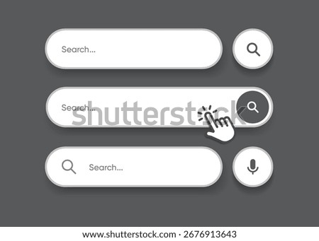 Search Bar with suggestions for UI UX design and web site. Search Address and navigation bar icon. Collection of search form templates for websites. Search engine web browser window template.